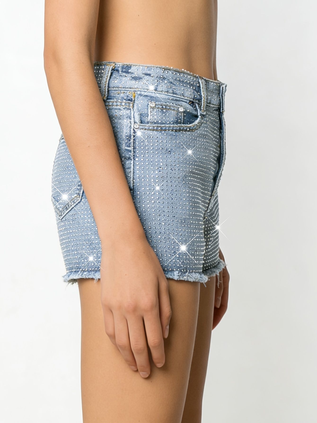 2026 New Full-Bejeweled Elasti - Shorts Denim Frayed recension och pris